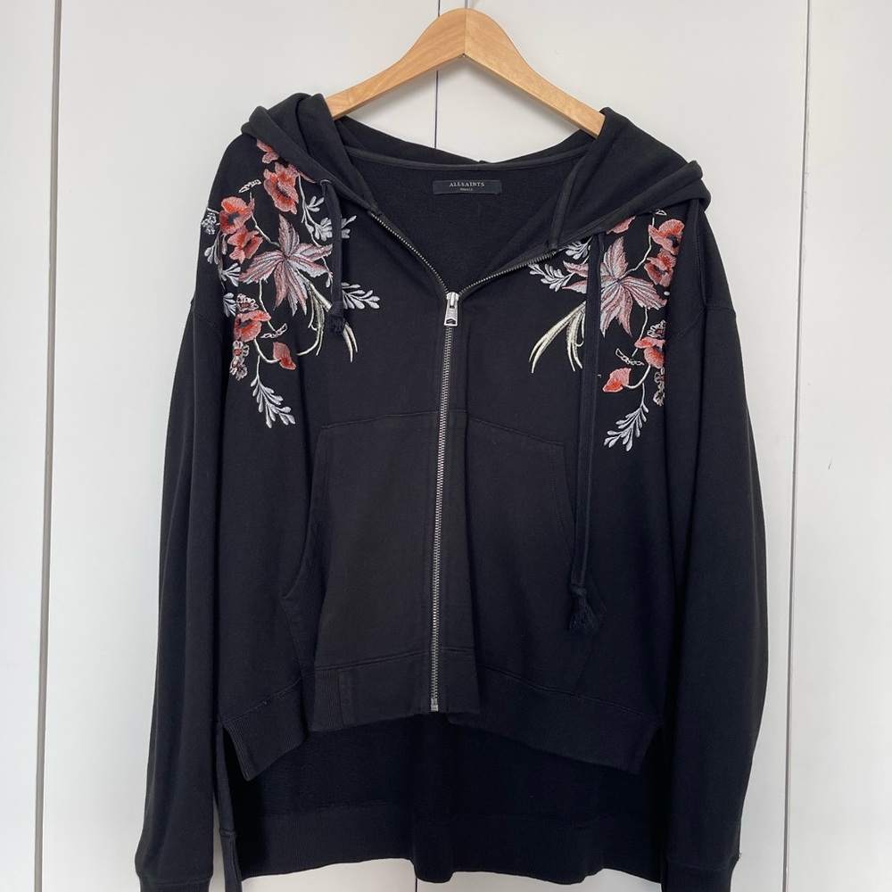 All Saints Black Hoodie withFloral Embroidery Oversized